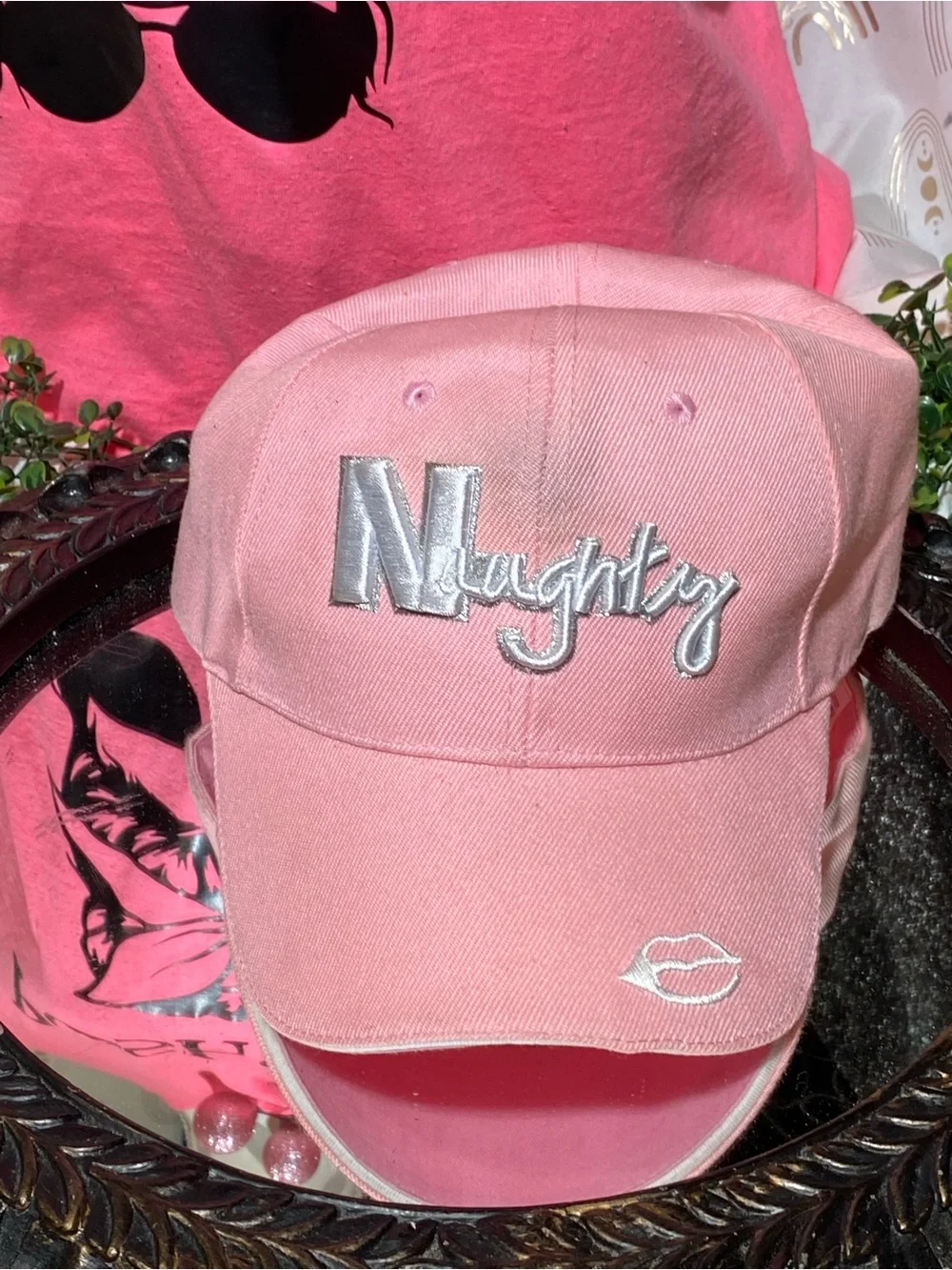 Pink 'Naughty' Embroidered Baseball Cap